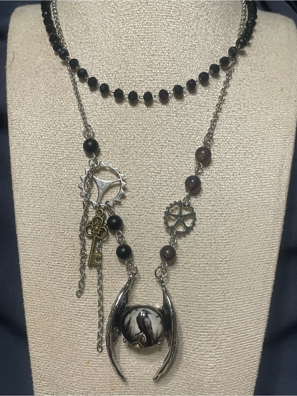 Hand Crafted Set of 2 Black & Silver Gothic Raven Necklaces
